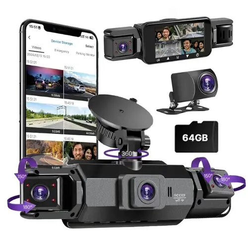 4 Channel Dash Cam with 360° Surround View  Includes FREE OBD Cable for 24/7 Parking Monitor  4 Lens Front Rear Inside Left Right Recording   3" Display, Built-in WiFi, 64GB Card  Clear Night Vision, HDR，Automotive Driving Recorder