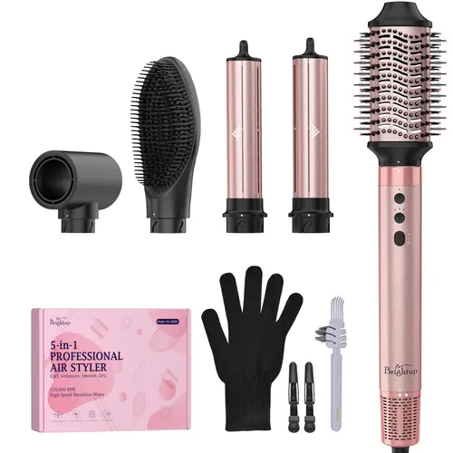 Brightup 5 in 1 Air Styler, Hairstyle, Airwrap, Automatic Hair Curling Iron with Detachable Brush Head, Blow-Dry,Straightening Wrap  Negative Ions Ergonomic Rose Gold,dorm essentials tiktokshopbacktoschool