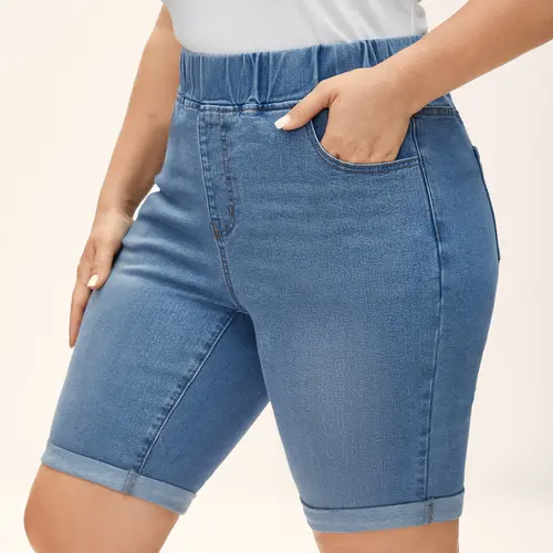 【Comfy Waist】BLOOMCHIC Plus Size Pull-On High Waisted Stretch Pull-On Jean Shorts,Comfy Elastic Waist Casual Summer,summeroutfits,beachoutfits[M-6X],Bottoms Basic Dark Indigo,Summerfinds,back to school shopping，SohoChic