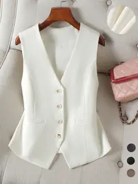 French Vintage Minimalist Fitted Vest Waistcoat, Plain Button Front Outerwear, Spring & Fall Fashion, X-Type Silhouette, Short Length, No Zipper, Sleeveless Fitted Style