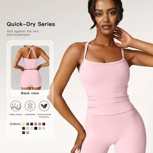 Two-piece Set Women's Solid Backless Cami Top & High Waist Shorts Tracksuit Set, Solid Sports Sets, Sleeveless Spaghetti Strap Crop Top & Skinny Shorts, Ladies Sportswear for Indoor Outdoor Wear, Gym Wear, Backless Gym Clothes, High Stretch Activewear