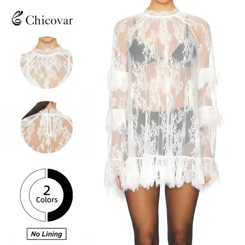 Chicovar NO Lining! Women's Sheer Black Lace Mini Dress, See Through, Unlined Long Sleeve Crew Neck Elegant Cocktail Dress with Ruffled Hem, Concert, Party, Evening Wear, sohochic, Fashion
