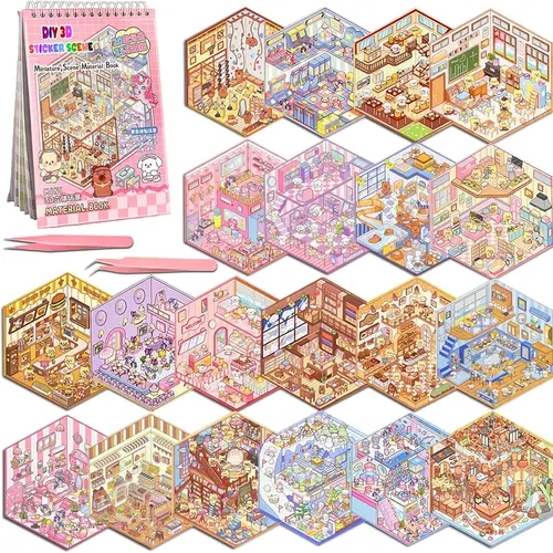 20 Sets DIY Miniature 3D Sticker Scene Book - Scrapbook Supplies Hobbies Kit for Adults, Stress Relief Funny Stickers, Cute Cartoon Animal Isometric Scene Maker for Passing Time, Hobbies Kit Adults