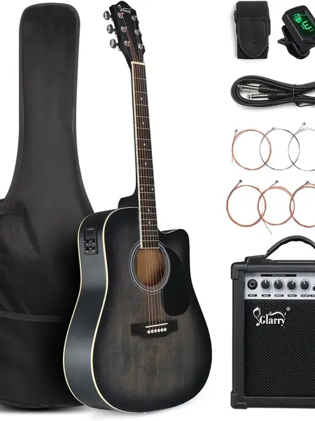 GLARRY 41-Inch Full Size 6-String Cutaway Basswood Acoustic-Electric Guitar Beginner Kit, w/ 15W Amp, Built-In Tuner, Laurel Pick-Guard to Prevent Scratches, Bag, Strap, Picks, Phosphor Bronze Strings - Distressed Black (TikTok Shop Back to School)