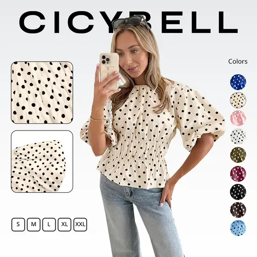 Cicy Bell Womens Polka Dots Peplum Tops Summer Puff Short Sleeve Round Neck Blouses Trendy Casual Shirts