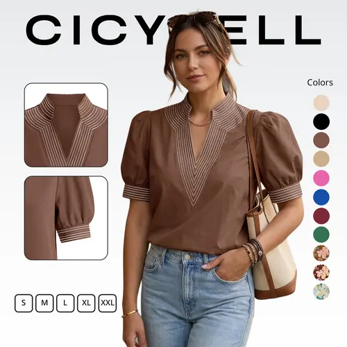 Cicy Bell Womens Puff Short Sleeve Blouses Summer Casual Dressy Contrast Stitch V Neck Tops Loose Fit Tee Shirts Polyester Shortsleeve