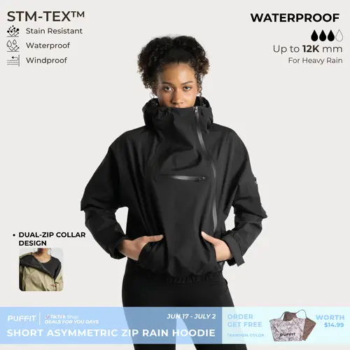 PUFFIT STM-TEX Short Rain Hoodie With Asymmetric Zip and Adjustable Hem,Chest Pocket Design,Fall Hooded Jacket,Waterproof Jacket,Women Jacket,Windbreaker,Winter Jacket,Dog Walking,School Running,Football Mum,Stylish,Womenswear,2026 Shopping