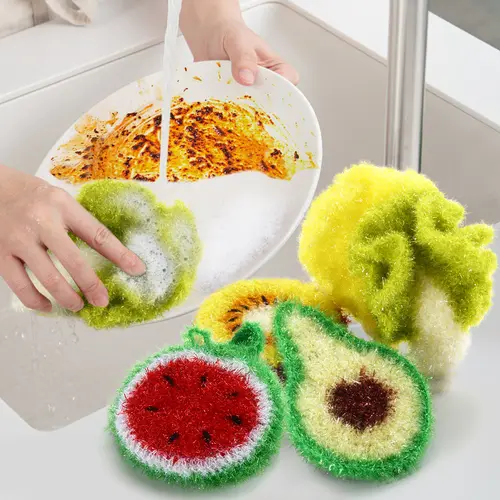 [BUY 3 GET 2 FREE] Scratch-Free Hand-Knitted Multipurpose Dish Scrubbers,Reusable Kitchen Scouring Pads Sponges for Washing,Cleaning Scrubber (Watermelon/Kiwi/Avocado/Cabbage/Greens for Sale), Kitchen Cleaning Supplies, Dishwashing Sponge