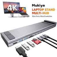 【Back to School】Mukiya Foldable Aluminum Laptop Riser with USB-C Adapter, UHD 3840×2160 HDMI, USB 3.0, Data Port, SD Card Reader, 3.5mm Audio, TF Card Support, Slim 10.5in Foldable Carry for MacBook
