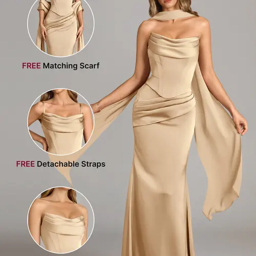 AZAZIE Sorrel Wedding Guest Gown for Women, 2-Piece Luminous Satin Mermaid Dress with Cowl Neck, Lace-up Corset Top & Chiffon Scarf, Gowns sohochic