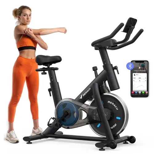 Merach Exercise Bike with New RPM Game Mode for Home Stationary Bike Enhanced Electronic with Holder Silent Belt Drive and Comfortable Seat Cushion for Cardio Workout Exclusive App ,Tablet Mount and Fitness Courses Gym machine BackToSchool