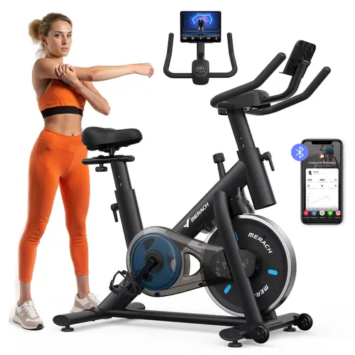 Merach Exercise Bike with RPM Game Mode & Silent Belt Drive, 300lb Capacity, LED Monitor & Tablet Holder, Comfort Seat Cushion, Compact Cardio for Home Gym BackToSchool