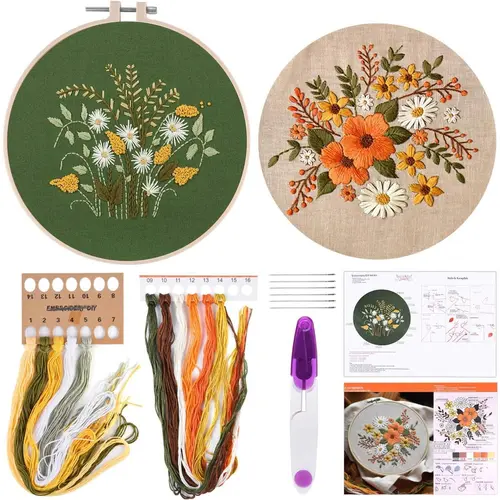 FEPITO Full Range DIY Cross Stitch Kit (2 Sets) - Beginners' Needlework Starter Kit with 16cm-20cm Plastic Hoops, Scissors, Thread, Chrysanthemum Patterns, 2 Embroidery Cloths, Craft Ideas for Adults, Office Crafts Gift, Embroidery Design