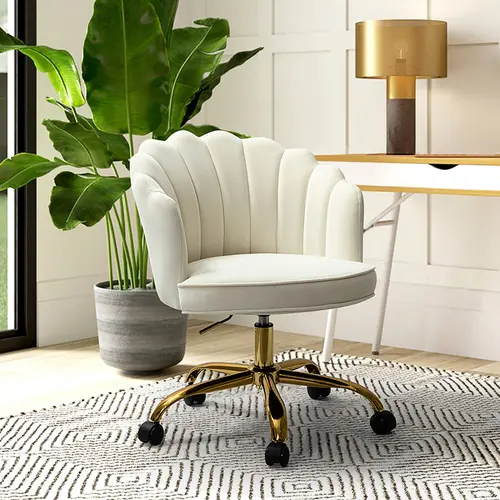 【Fall Pick】HULALA HOME Belanda Task Office Chair Height-adjustable Sturdy Durable Golden Finish Tufted Back Velvet Fabric Upholstery Flower Shape Back 360-degree Wheels Functional Stylish for Living Room Office