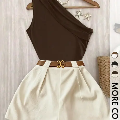 Contrast One-Shoulder Top & Pleated Shorts Matching Set - Ideal for Date Nights, Vacations & Brunch | Comfortable Two-Piece Set, Quiet Luxury Aesthetic, Chic - Trendy Baddie Outfit for Office & Going Out | Viral （No Belt）