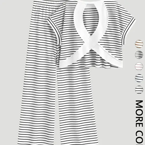 2-Piece Black & White Stripe Cross Back Crop Top & High Waist Wide Leg Pants Set - Soft Loungewear & Casual Outfit for Home and Daily Wear , Striped Cutout Top & Pants Matching Set - Ideal for Lounging, Casual Outings, and Brunch Summer Matching Sets