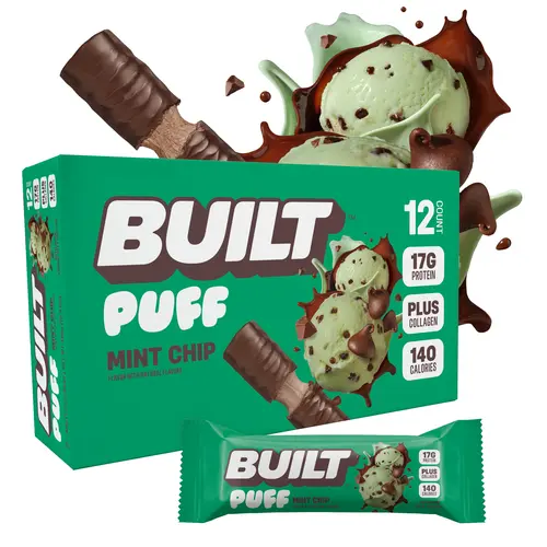 Official BUILT Bar, Puff Protein Bar Snacks, Mint Chip Puff, 17g Protein, 140 Calories, Collagen, Gluten Free