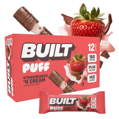 Official BUILT Bar, Puff Protein Bar Snack, Strawberries 'N Cream Puff, 15g Protein, 140 Calories, Collagen, Gluten Free