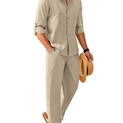 Coofandy Men's 2 Piece Sets Casual Long Sleeve Button Down Cuban Shirt & Loose Pants Set for Beach Vacation Outfits Soft Classic Linen Fabric
