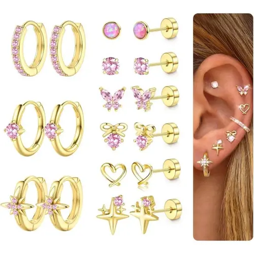 YADOCA Hypoallergenic Flat Back Earrings Jewelry for Women - Surgical Steel Non Tarnish Stud Hoops, 14 Karat Gold Plated Flat Pierced Earring Stacks for Sensitive Ears & Multiple Cartilage Piercings