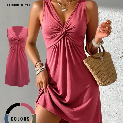 Choove Women's Sleeveless V-Neck Twist Front Mini Dress, Ruched A-Line Summer Dress for Casual, Vacation and Date Night