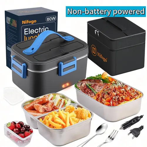 Nifogo 100W Fast Heat Heating Lunch Box for Adults - 1.8L Stainless Steel Thermal Container, 12V Car-Ready, Easy to Clean, with Fork, Utensils, Insulated Case, Classic Black (Boxed for Office Use)