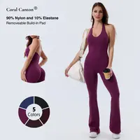 Coral Canton Seamless Backless Halter Top Sport Jumpsuit Bodycon Flared Legs SohoChic
