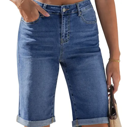 luvamia Bermuda Jean Shorts for Women Knee Length High Waisted Rolled Hem Casual Summer 12'' Inseam Long Denim Shorts