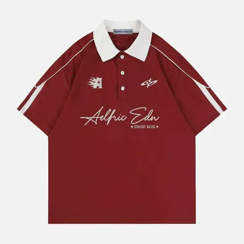 Aelfric Eden Men's Retro Motorsport Oversized Polo Shirt, Contrast Collar, Racing Graphic, Breathable Mesh Fabric, Stripe Patchwork, Unisex Streetwear Tops | Menswear Sports Clothes,summerwins,father'sdaygifts,back to school,back to school shopping,sohoch