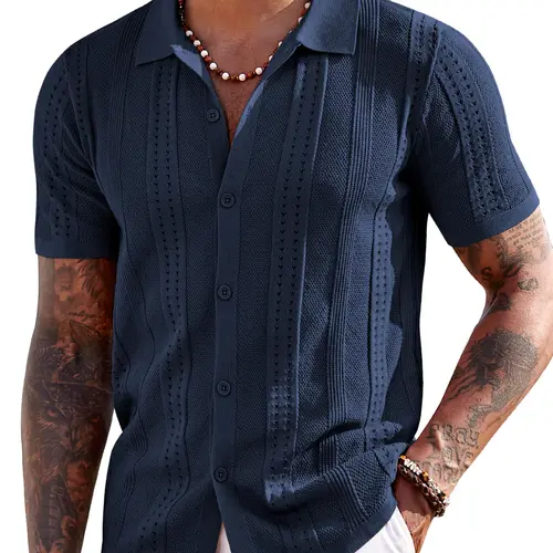 COOFANDY Men's Knit Shirts Short Sleeve Button Down Polo Shirt Fashion Casual Summer Beach Shirts Menswear Top