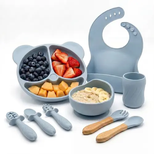 Bear Design Silicone Feeding Set (9PCS), Baby Plate & Snail Bowl & Bib & Training Spoons (3PCS) & Fork Spoon Set & Curvy Straw Cup, Baby Dinnerware Set, #SummerVibes,back to school,sohochic