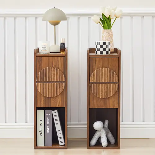 FurSch Slim Mid-Century Modern Nightstand with 2 Drawers, Narrow Fluted Wooden Side Table for Small Spaces, Tall Skinny Bedside Table for Bedroom or Living Room