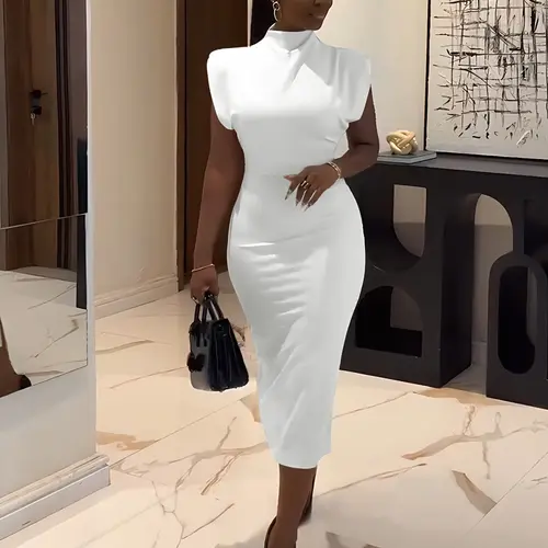 USBOUTIQUE CHIC Women's Stretchy Comfortable Mock Neck Cap Sleeve Bodycon Midi Dress Casual Everyday Curvy-Friendly