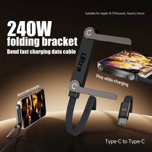 240W Braided Fast Charge Cable with Built-in Phone Stand, 2026 New Foldable Durable USB-C Cord 90 Degree USB C Cable Right Angle Multi-Functional Charger Cord, Type-C to Type-C (1-PCS),back to school,back to school haul
