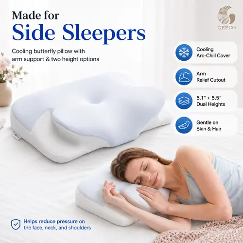 GEECO Upgraded Cooling Cervical Pillow for Neck Pain, Derilla Ergonomic Contoured Memory Foam with 5.1"+5.5" Dual Heights, Breathable Ice Silk Removable Pillowcase, Orthopedic Support for Side & Back Sleepers,sohochic