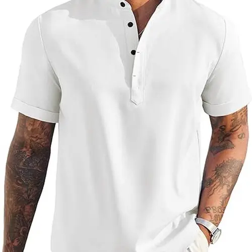 COOFANDY Men's Casual Shirt Short Sleeve Linen Shirt Band Collar Summer Beach Hippie T-Shirts Clothing Menswear