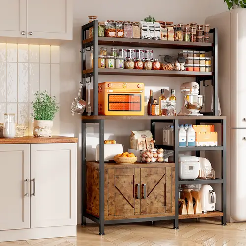 Raybee Furniture Bakers Rack for Kitchen with Power Outlet, 6-Tier Microwave Stand with Storage Cabinet, Farmhouse Kitchen Coffee Bar with Side Hooks, Utility Shelf for Kitchen