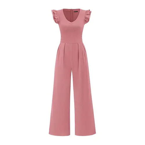 PrettyGarden One Piece Jumpsuits For Women Dressy Ruffle Cap Sleeve V Neck Ribbed Knit Wide Leg Romper Casual Spring Outfits