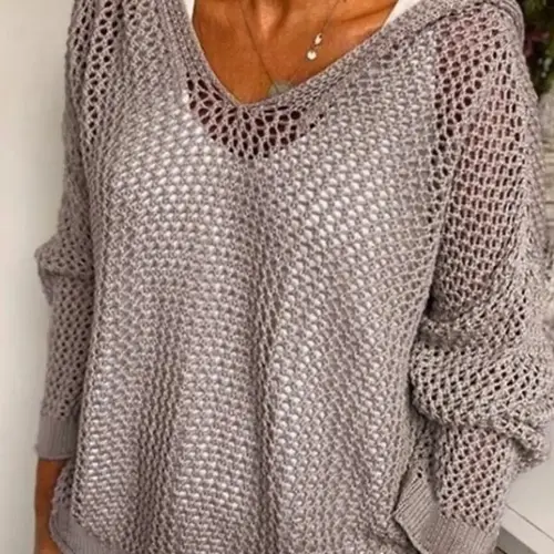 Women's Solid Hollow Out Sheer Light Loose Fit Hooded Sweater Pullover Fabric, Casual Drop Shoulder Long Sleeve Jumper for Summer, Fashion Ladies' Knitwear for Daily Wear, Womenswear, Casual Soft Pullover