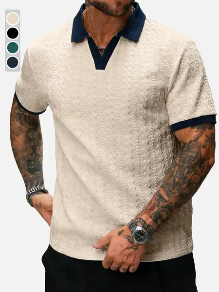 Men’s Old Money Style Contrast Color V-Neck Knitted Polo Shirt - Short-Sleeve, Textured, Cream, Casual Commuter, Menswear Top, Breathable Fabric, Suitable for Sports, Outdoor Use, TikTok Shop Spring Glow Up, Summer Vibes,sohochic