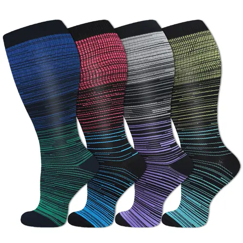Isunie 4 Pairs Striped Plus Size Compression Socks for Men & Women, Muscle Support, Fatigue Relief, Leg Suppor Mid-Year Limited-Time Dealt, Running, Training, Hiking, Sports