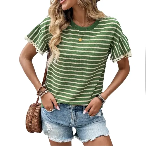 Shewin Women's Casual Striped Knit Top with Ruffle Short Sleeves and Eyelet Lace Trim, Cute Crewneck Summer T-Shirt for Women, Shortsleeve, Casual Everyday Wear, Casual Chic Fitted,clothes for back to school,first day of school outfits,sohochic