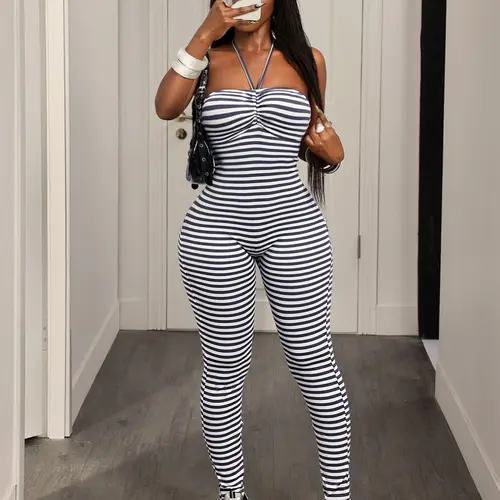 Women's Striped Halter Backless Bodycon Jumpsuit, Summer Sexy Slimming Vacation, Stripe Sleeveless Romper