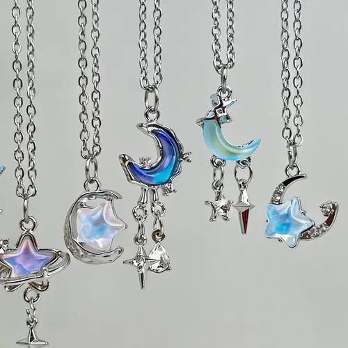 Elegant Romantic Star Moon Necklace Set, Stars Pendant, Moon Pendant, Gradient Color Pendants, Adjustable Pendant Necklaces, Boho Style Necklace, Jewelry Set, Aurora Necklace, Alloy Necklace