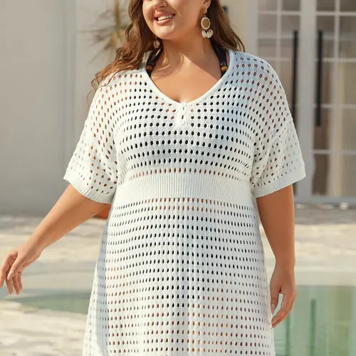 BloomChic Women's Plus Size Swimsuit Cover Up, Lightweight Mesh Cutout Beach Dress with Cinched Waist & Button Detail, M-6X, Resort Wear,Back To School,Fall Pick, Spotlight Day,SohoChic
