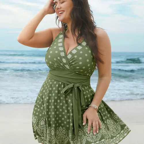 BLOOMCHIC Women's Plus Size Full Tunic Beachswimsuit - Tummy Control, Boho Print, Waist-Tie Surplice Neck, Sleeveless Bathing Suit Swimdress [M-6X] Summer Sports & Outdoor Swimwear