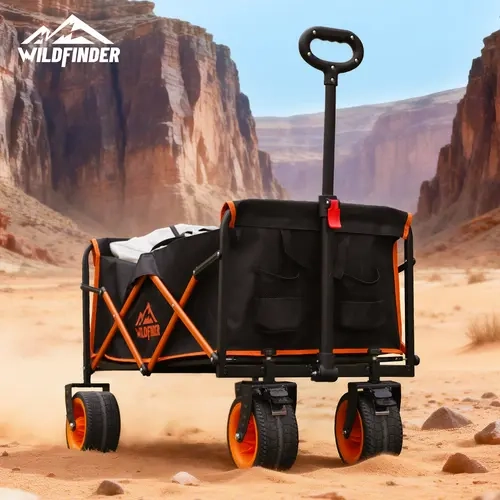 Heavy Duty Collapsible Foldable Wagon Cart - 330 Lbs Capacity, Adjustable Swivel Handle, Black & Orange Lightweight Portable Wagon with 2 Cup Holders for Camping, Beach Trips