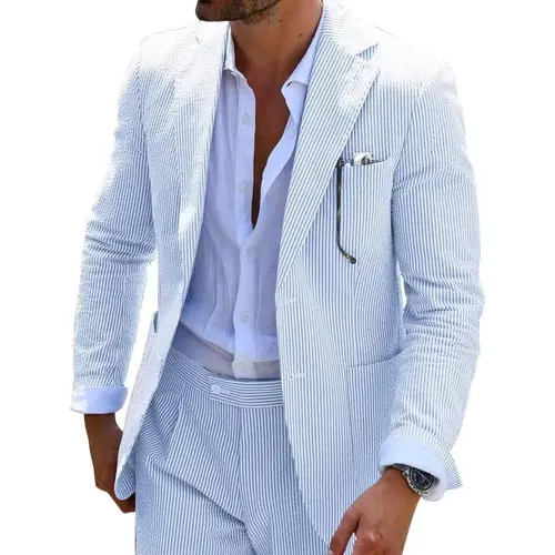 Mens Blue Seersucker Summer Suits Grooms Sear Sucker Suit for Wedding Mens Formal Suits Slim Fit