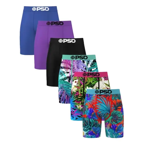 PSD Mens Tropics Boxer Brief 6 Pack - Standard Length 7 Inch Inseam, Soft and Breathable Poly Blend Fabric