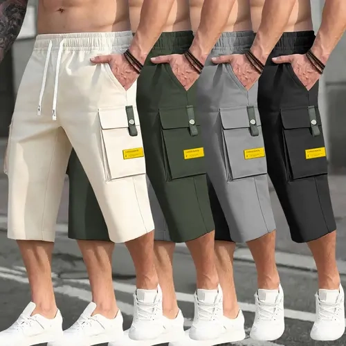 Men's 4-Piece Cargo Pants Set - Casual Comfy Trouser with Fitted Cut, Mid Waist, Drawstring Waist Adapts to Your Fit, Large Pockets for Daily Gear, Letter Patches, Stylish Summer Workwear (Black, Gray, Blue, Khaki)